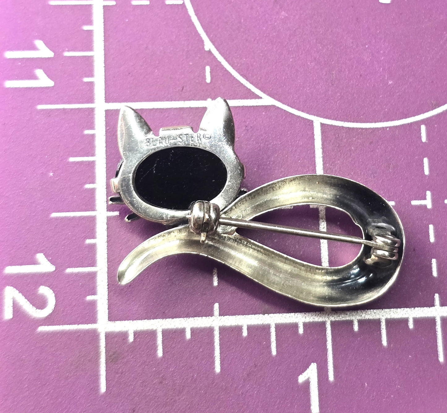 Beau Sterling black onyx modernist mid century cat vintage sterling silver brooch