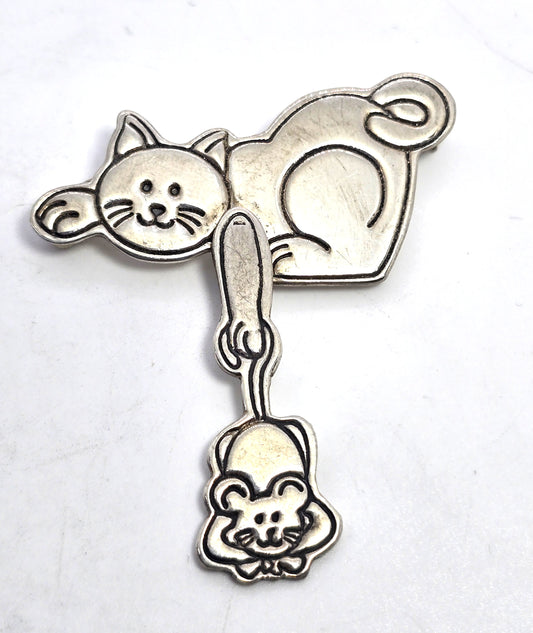 JRI Mexico Kitty Cat and mouse articulated vintage signed sterling silver brooch