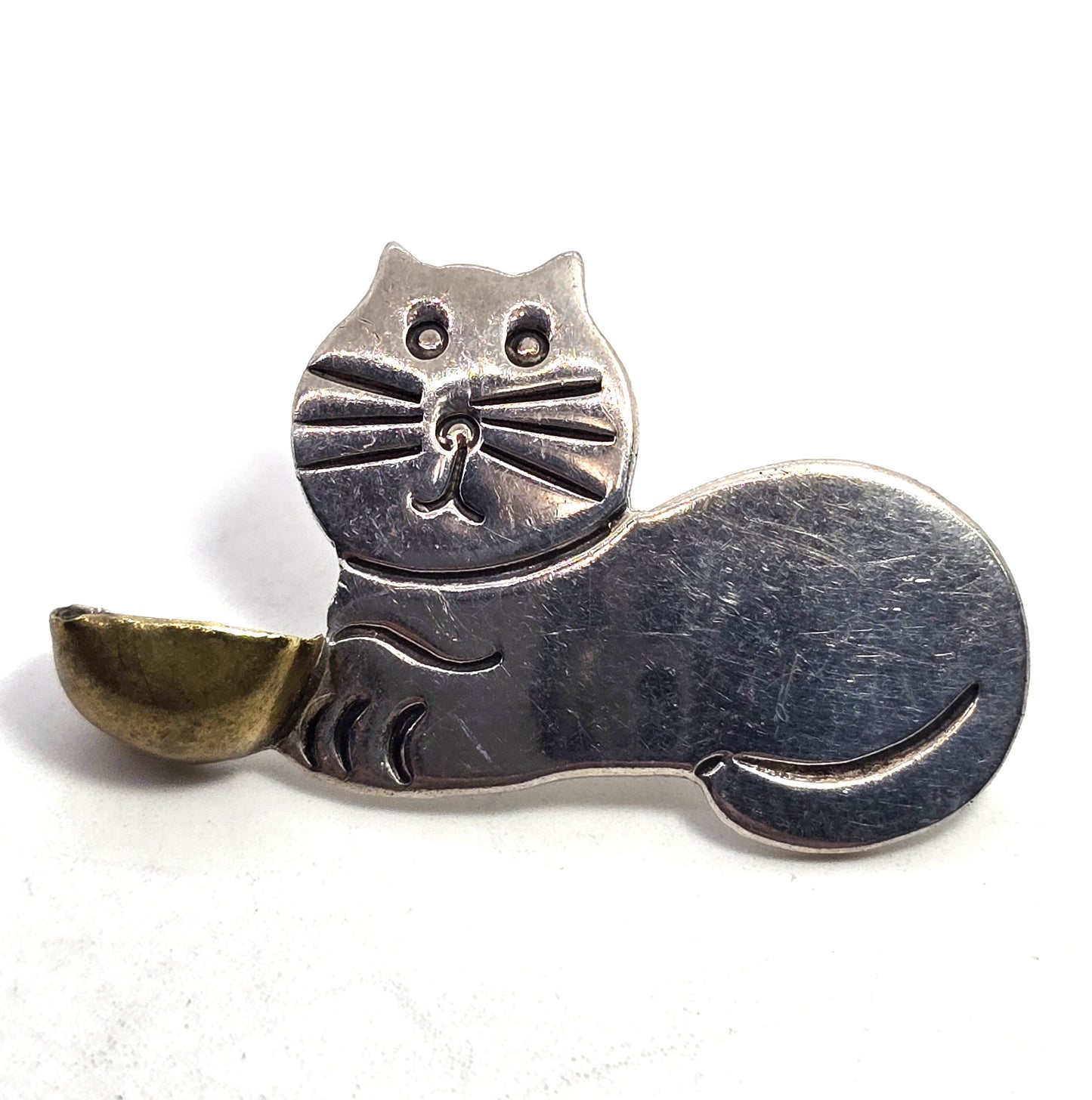 Taxco Mexico Kitty Cat and bow vintage signed sterling silver brooch TM-211