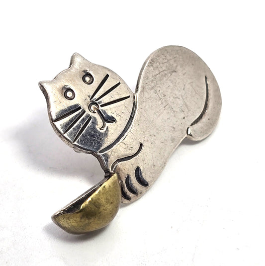 Taxco Mexico Kitty Cat and bow vintage signed sterling silver brooch TM-211