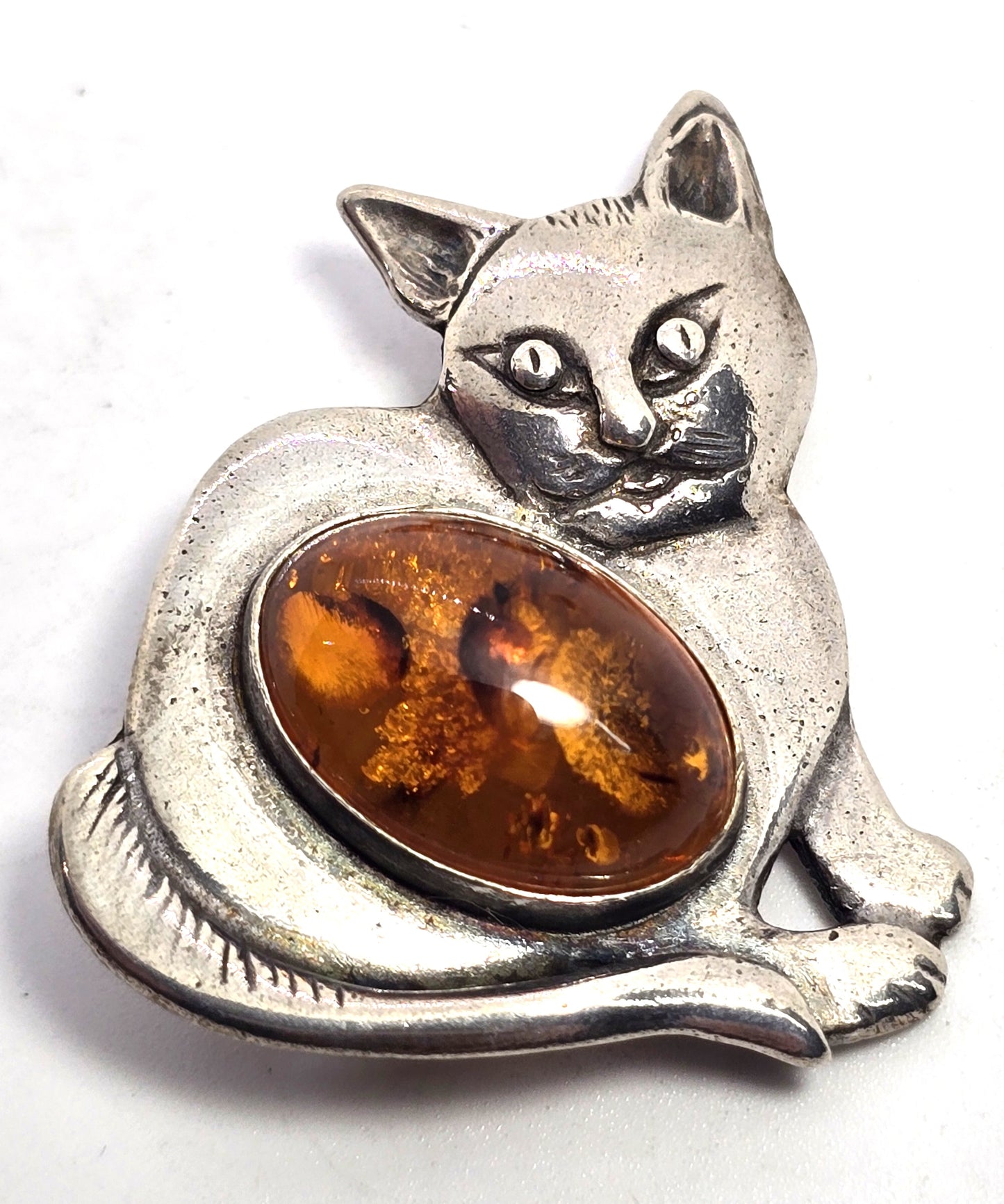 Baltic amber Kitty Cat vintage Polish sterling silver feline brooch