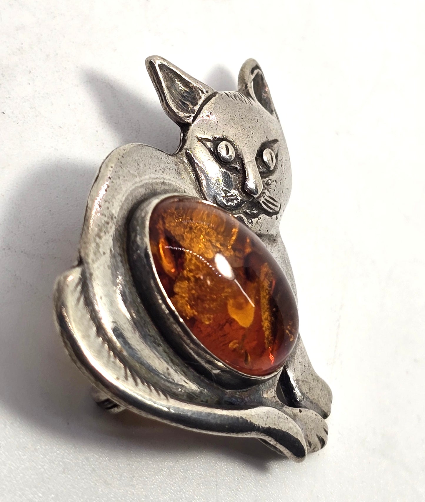 Baltic amber Kitty Cat vintage Polish sterling silver feline brooch