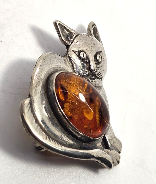 Baltic amber Kitty Cat vintage Polish sterling silver feline brooch