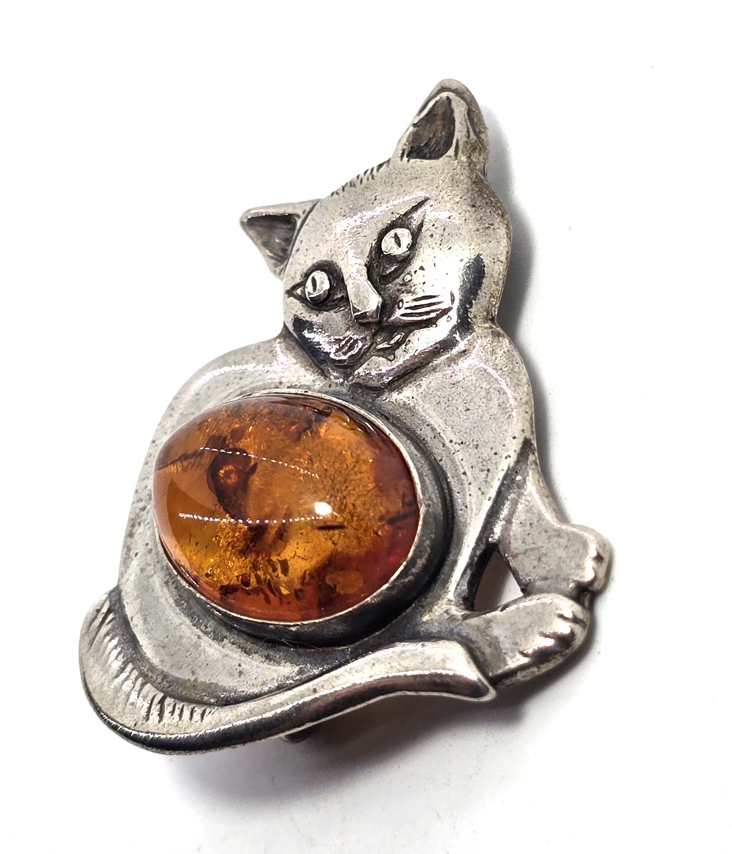 Baltic amber Kitty Cat vintage Polish sterling silver feline brooch