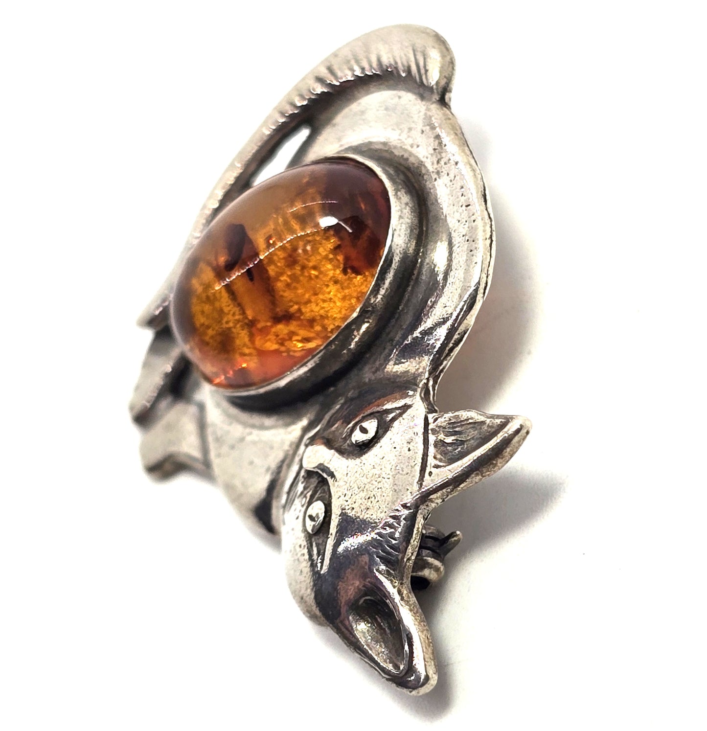 Baltic amber Kitty Cat vintage Polish sterling silver feline brooch