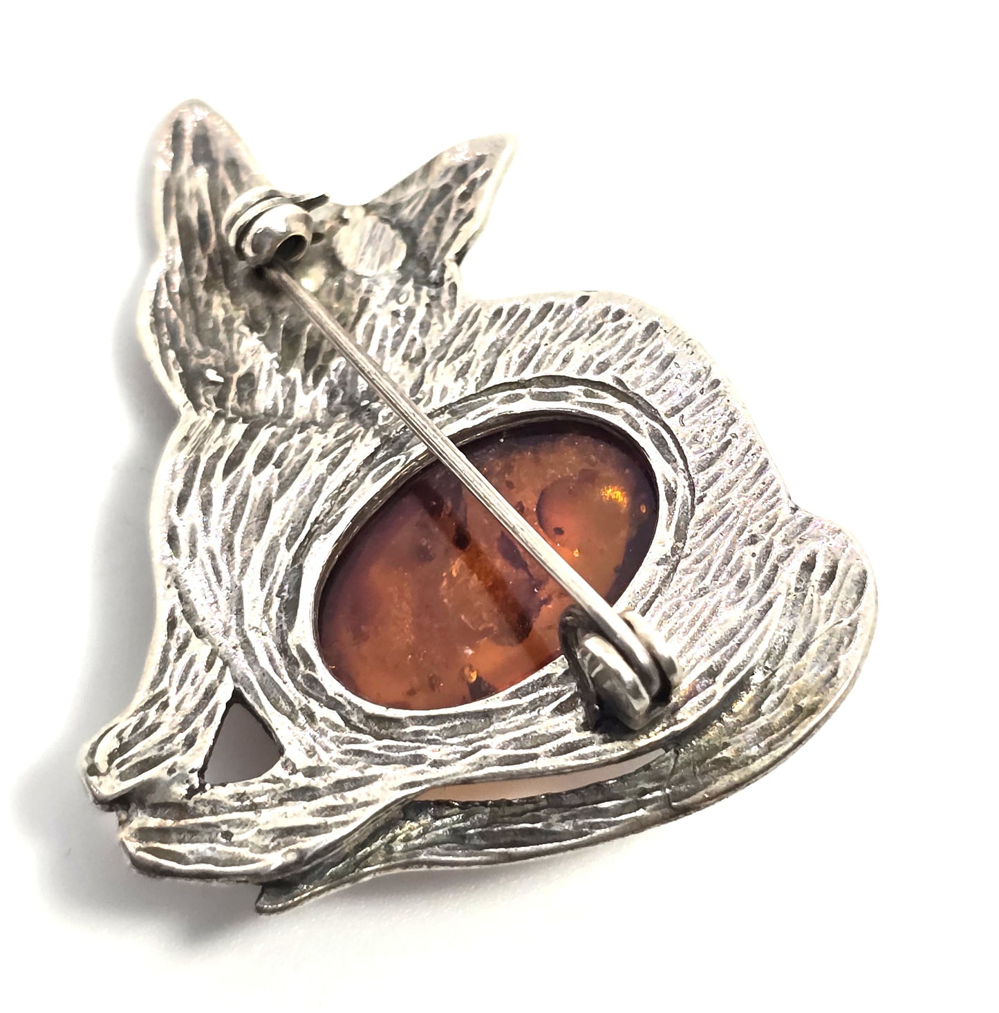 Baltic amber Kitty Cat vintage Polish sterling silver feline brooch
