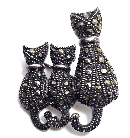 Momma and two kittens MOP moon marcasite sterling silver 3 cat pendant brooch