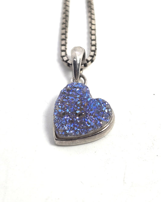 Purple Aura druzy Quartz small heart MIlor Italy sterling silver pendant necklace