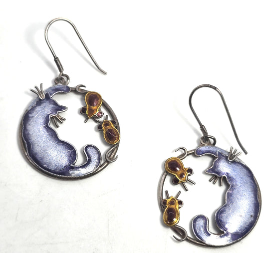 Cat and mouse purple enamel Cloisonne sterling silver large hoop vintage Earrings