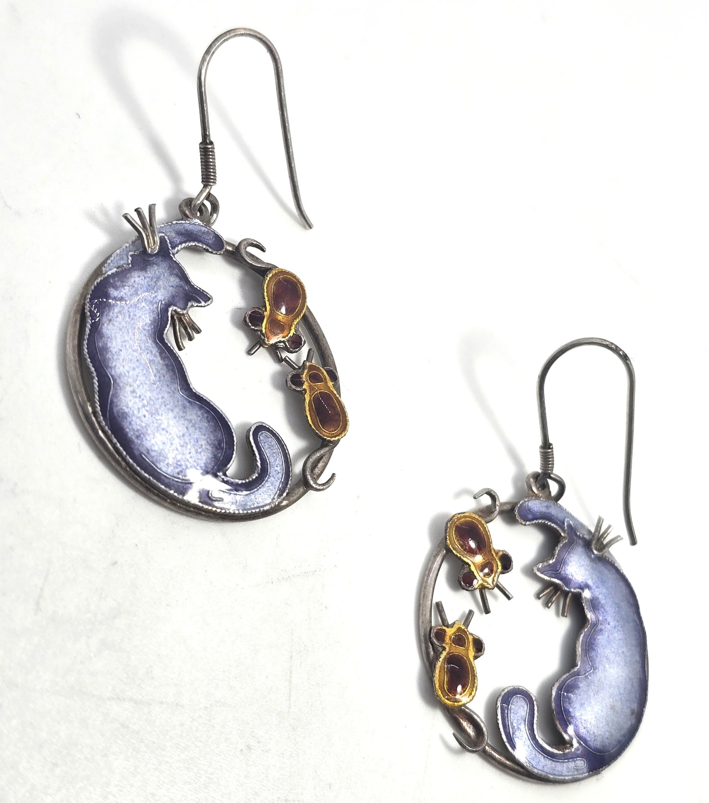 Cat and mouse purple enamel Cloisonne sterling silver large hoop vintage Earrings