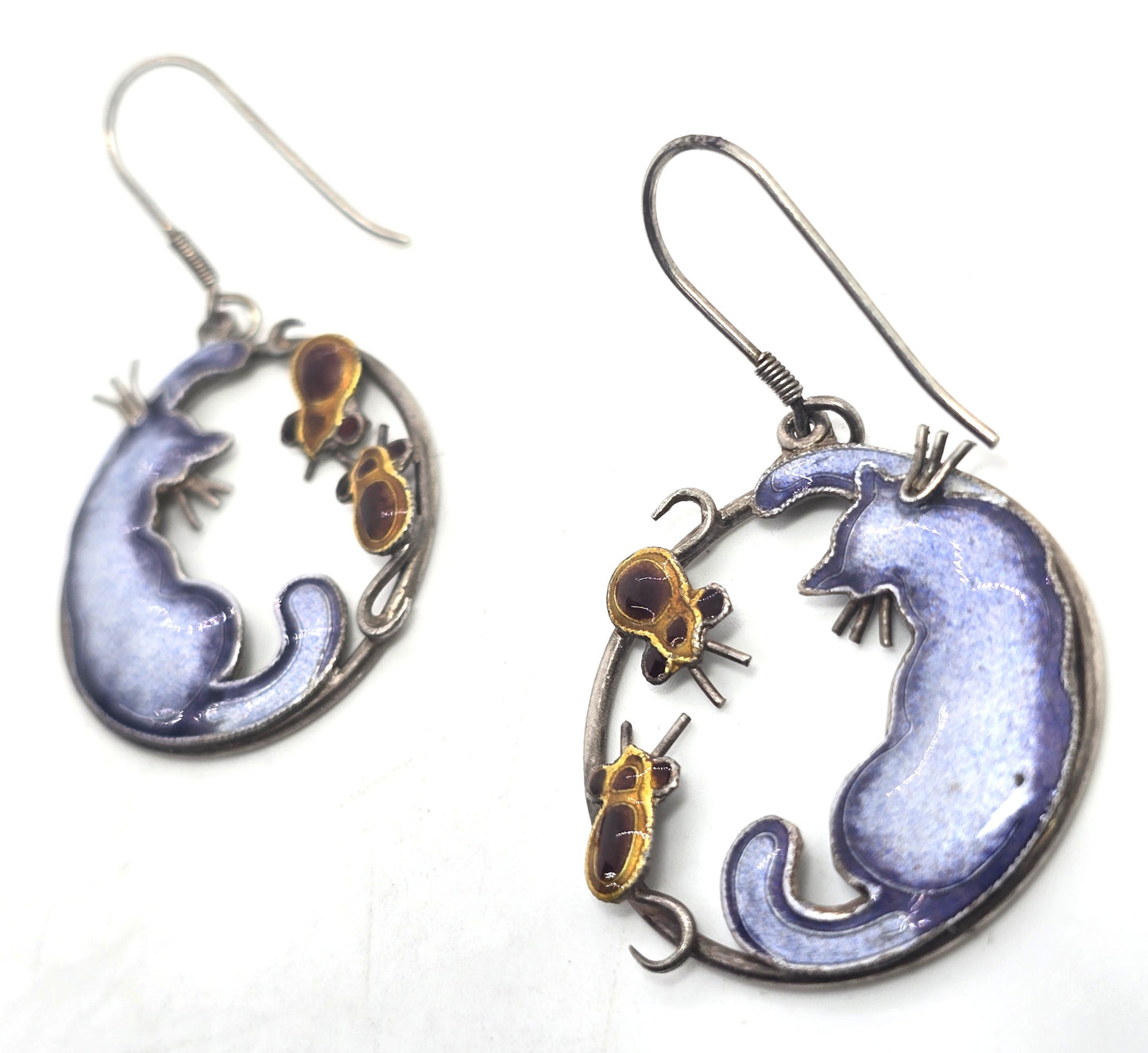 Cat and mouse purple enamel Cloisonne sterling silver large hoop vintage Earrings