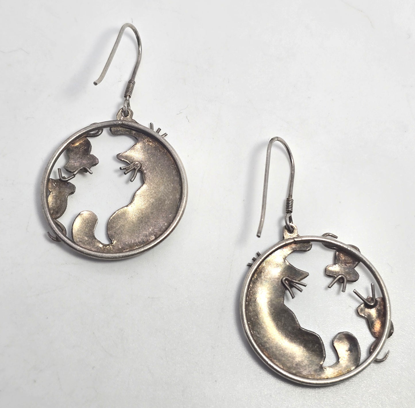 Cat and mouse purple enamel Cloisonne sterling silver large hoop vintage Earrings