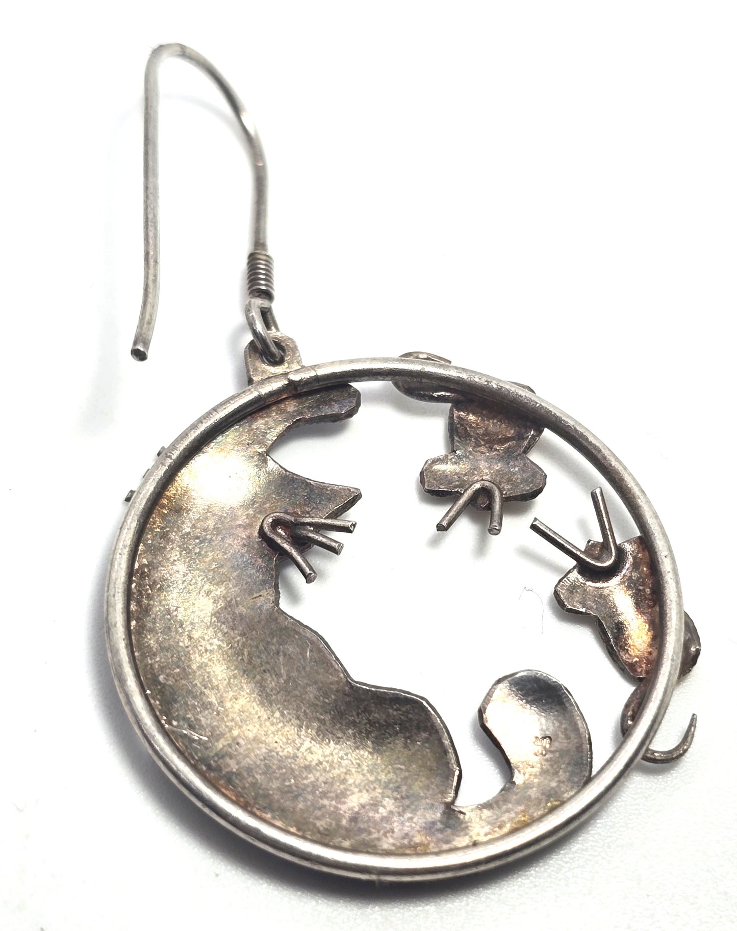 Cat and mouse purple enamel Cloisonne sterling silver large hoop vintage Earrings
