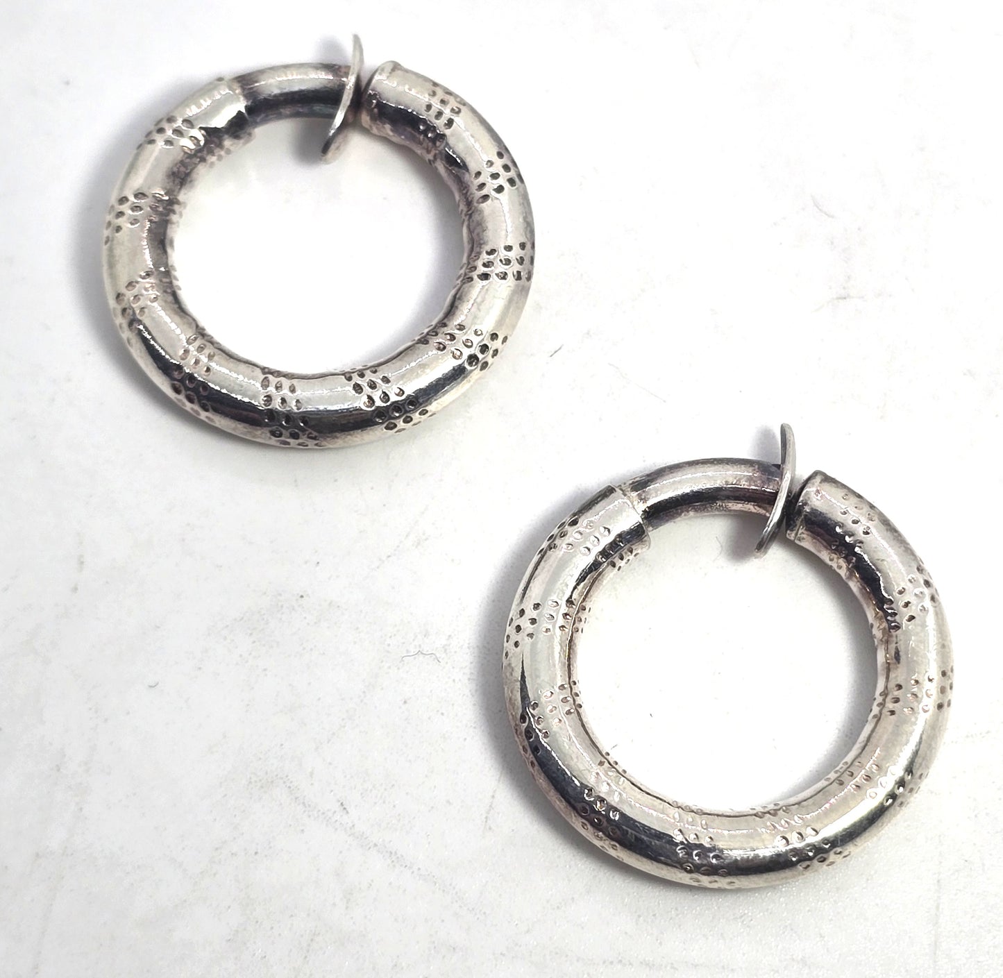 Artisan etched internal threaded clip on vintage sterling silver hoop earrings