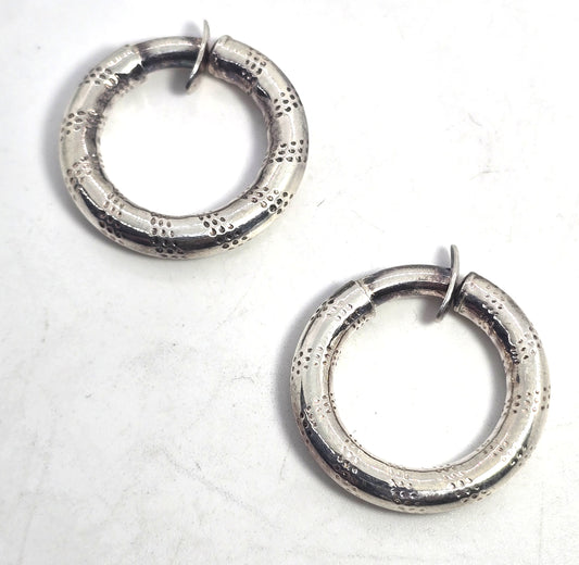Artisan etched internal threaded clip on vintage sterling silver hoop earrings
