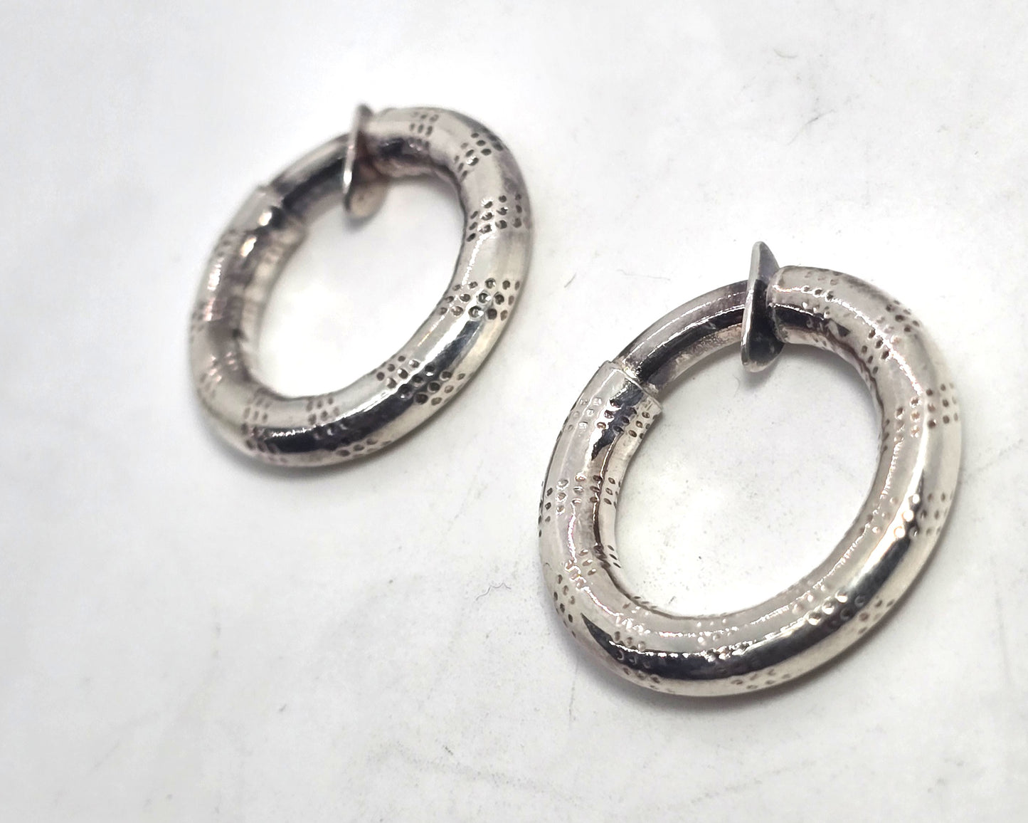 Artisan etched internal threaded clip on vintage sterling silver hoop earrings