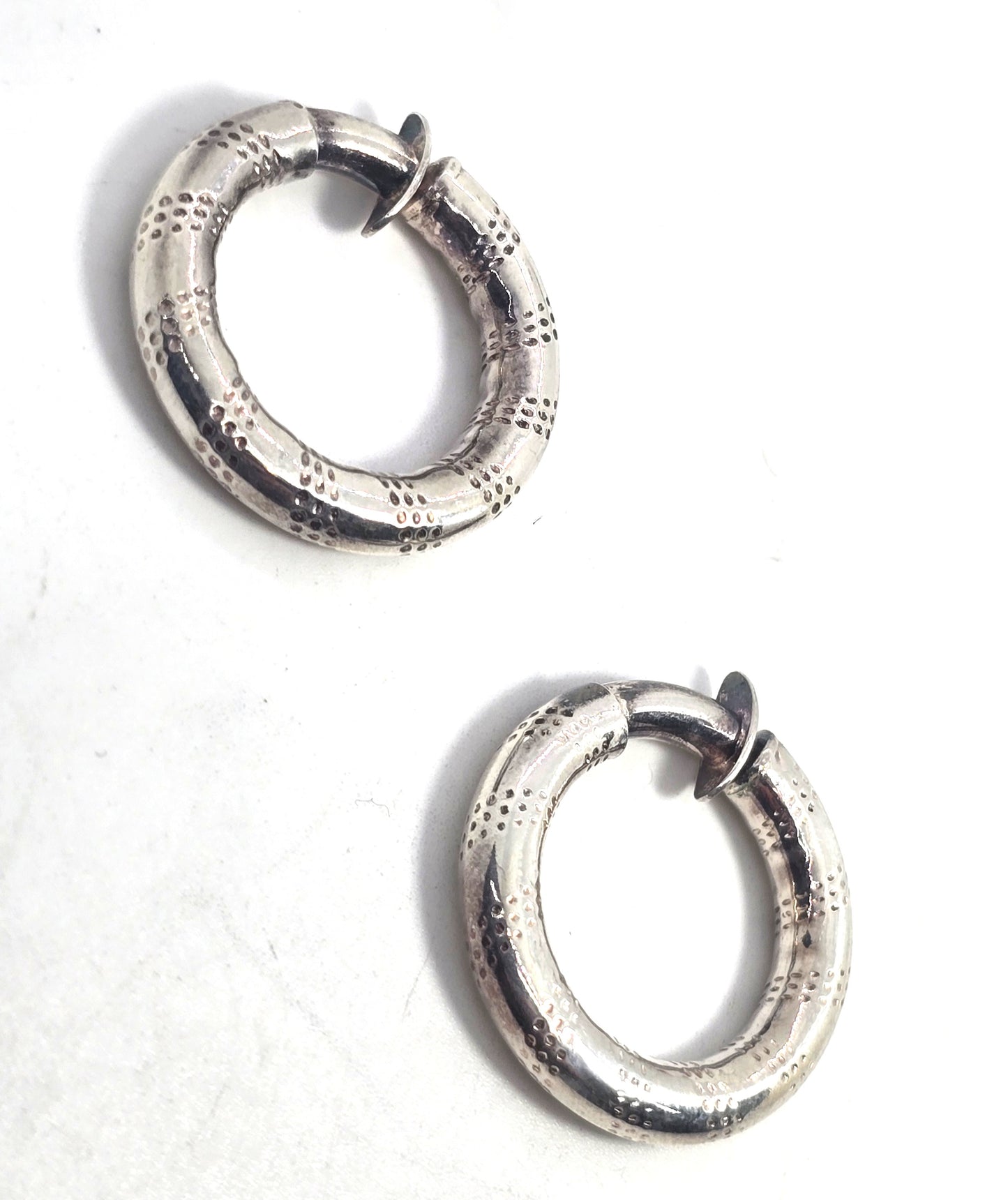Artisan etched internal threaded clip on vintage sterling silver hoop earrings