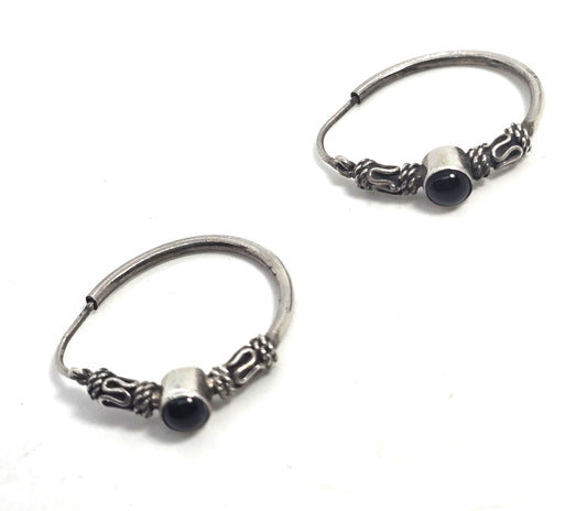 Tribal Balinese black enamel sterling silver internal thread vintage hoop earrings