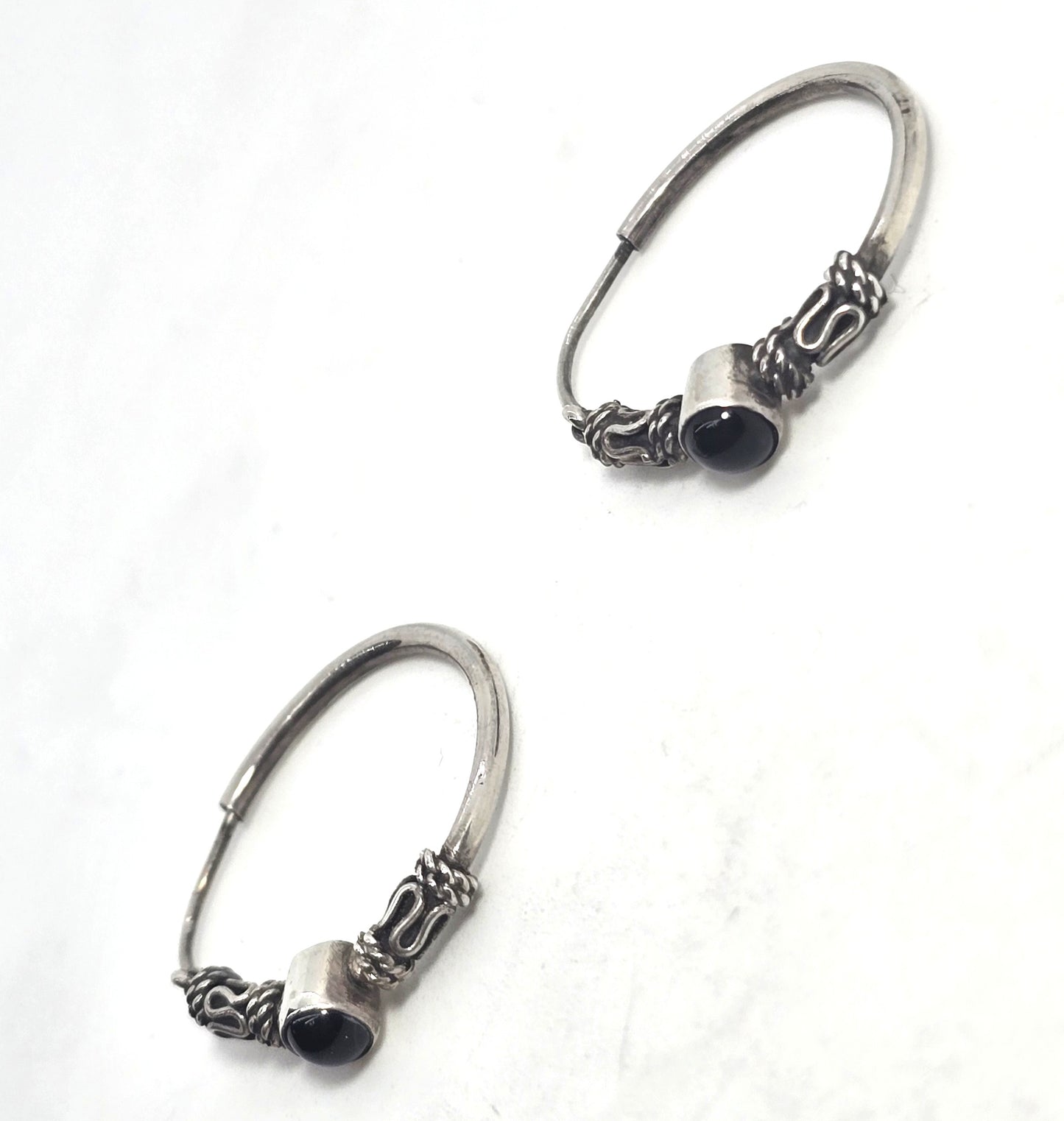 Tribal Balinese black enamel sterling silver internal thread vintage hoop earrings