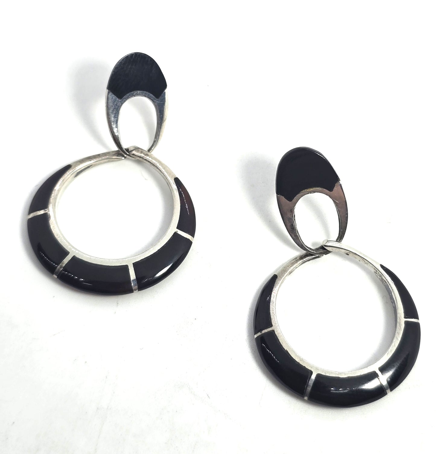 black onyx inlay sterling silver post vintage drop hoop earrings