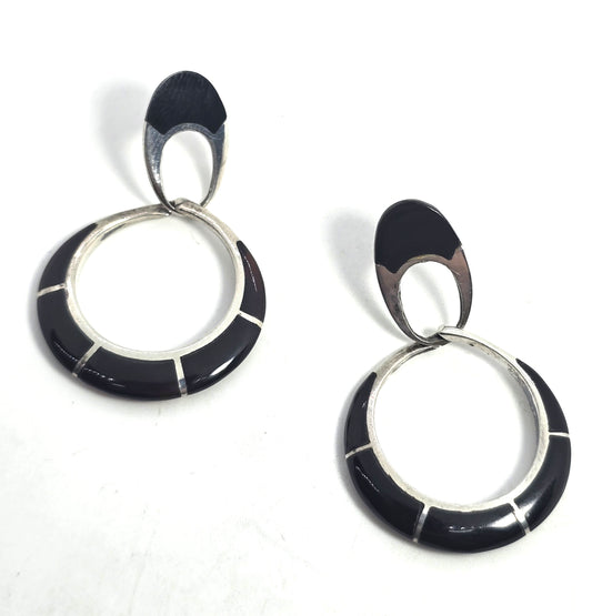 black onyx inlay sterling silver post vintage drop hoop earrings