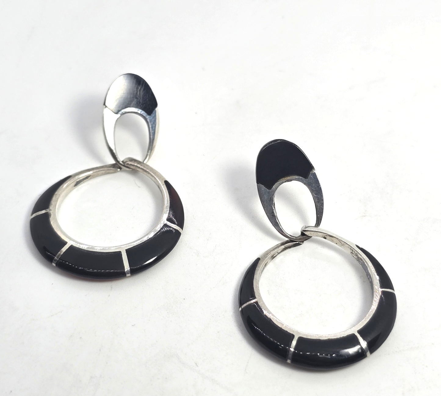 black onyx inlay sterling silver post vintage drop hoop earrings