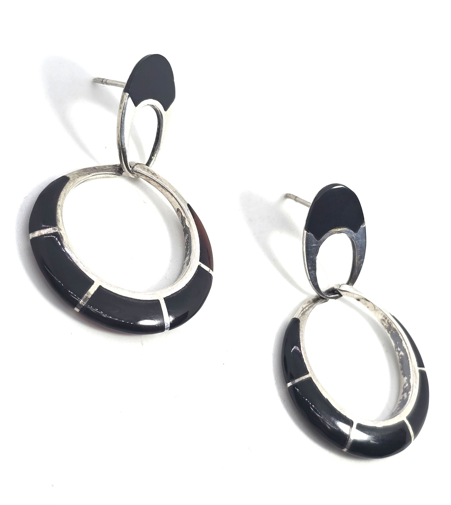 black onyx inlay sterling silver post vintage drop hoop earrings