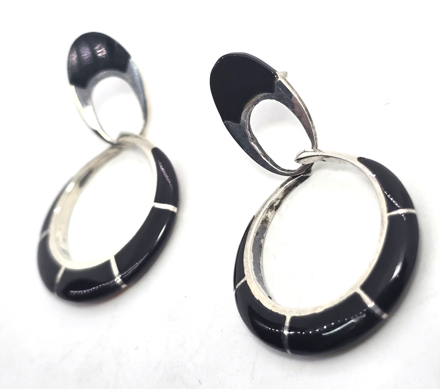 black onyx inlay sterling silver post vintage drop hoop earrings