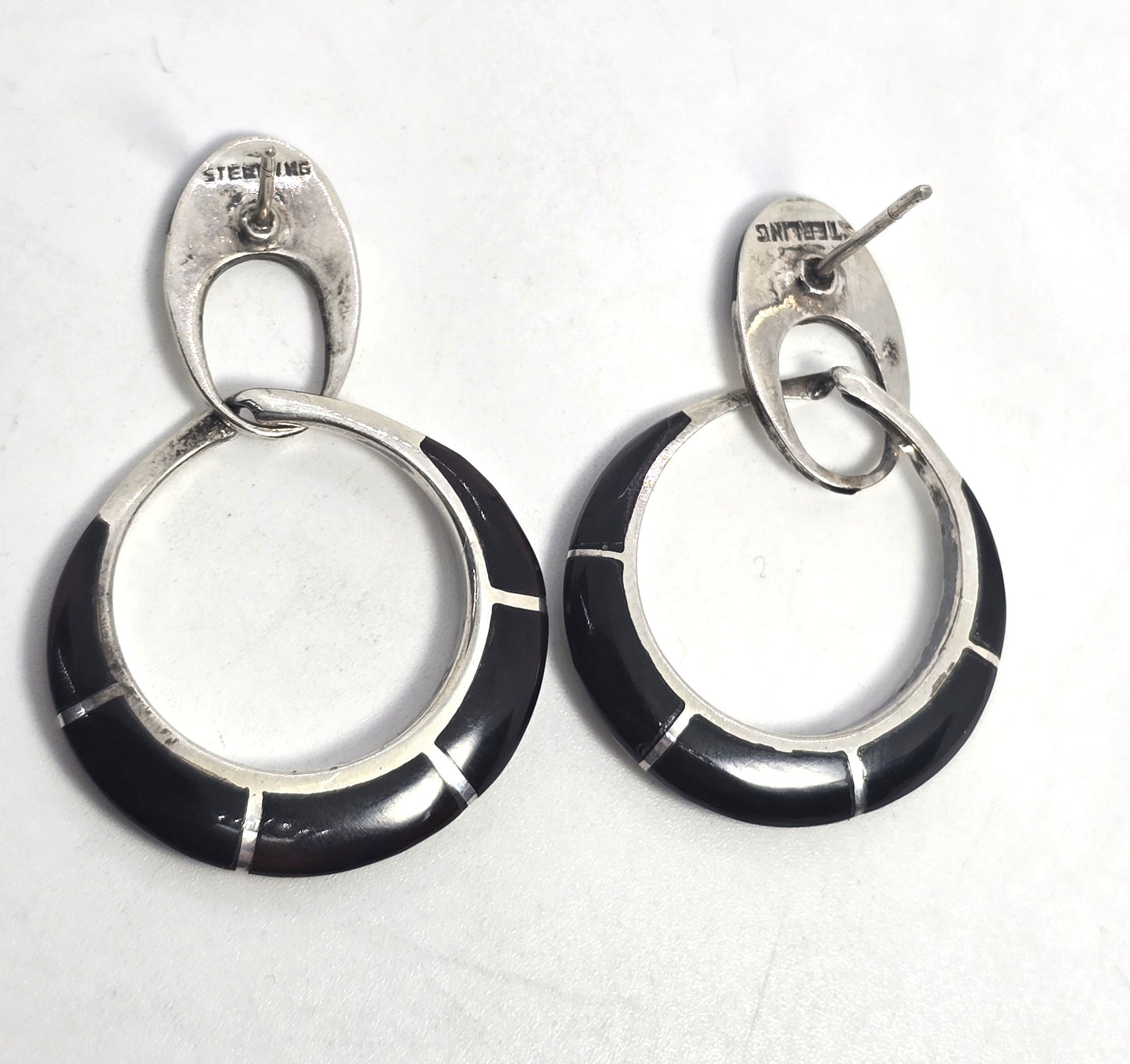 black onyx inlay sterling silver post vintage drop hoop earrings
