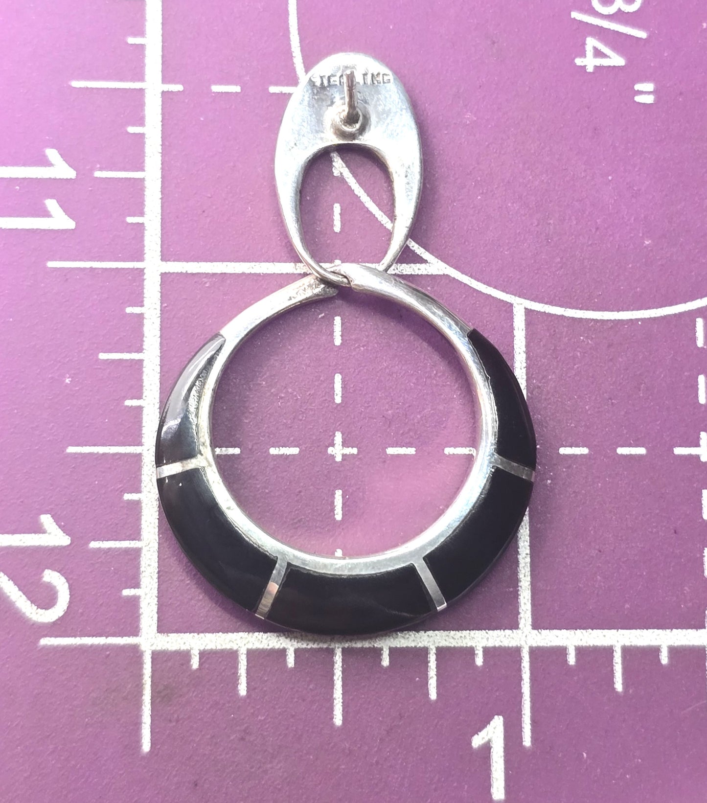 black onyx inlay sterling silver post vintage drop hoop earrings