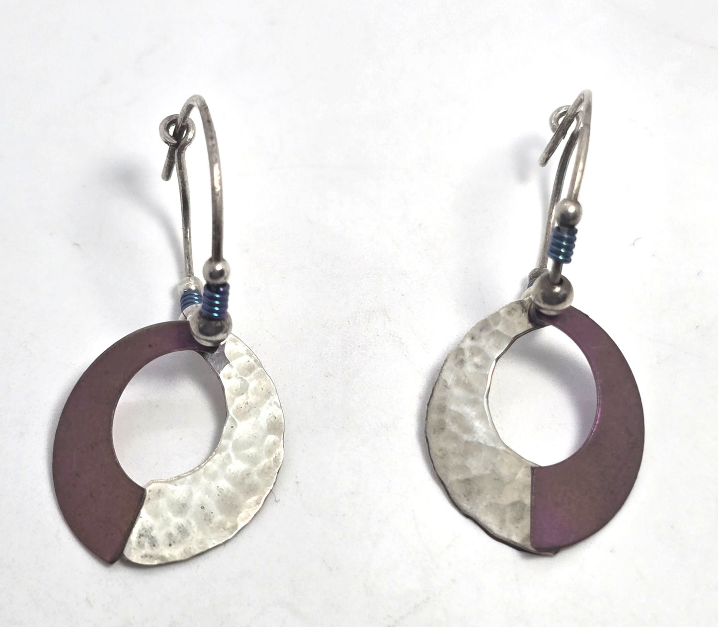 PTP purple Niobium hammered sterling silver signed vintage beaded earrings