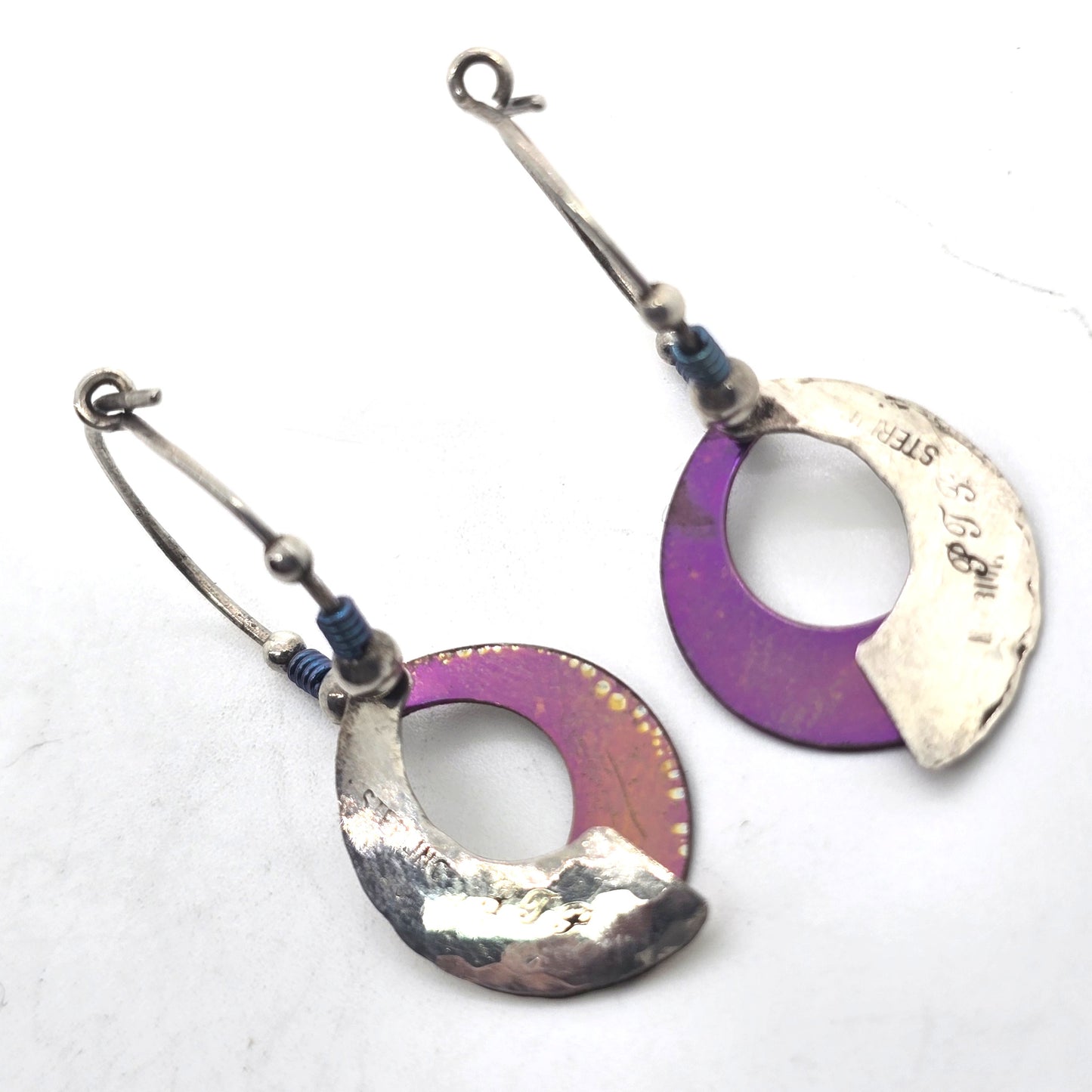 PTP purple Niobium hammered sterling silver signed vintage beaded earrings