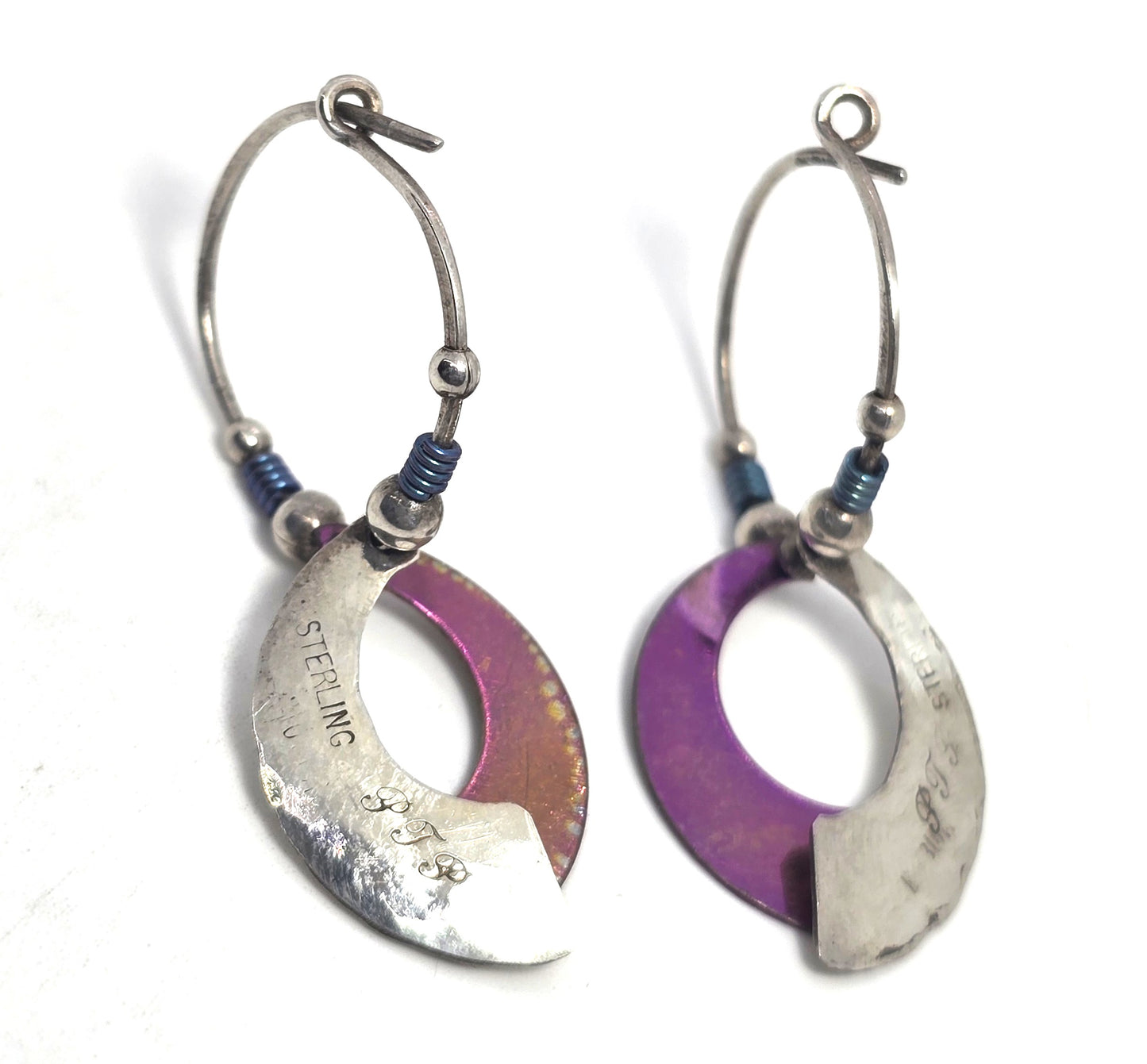 PTP purple Niobium hammered sterling silver signed vintage beaded earrings