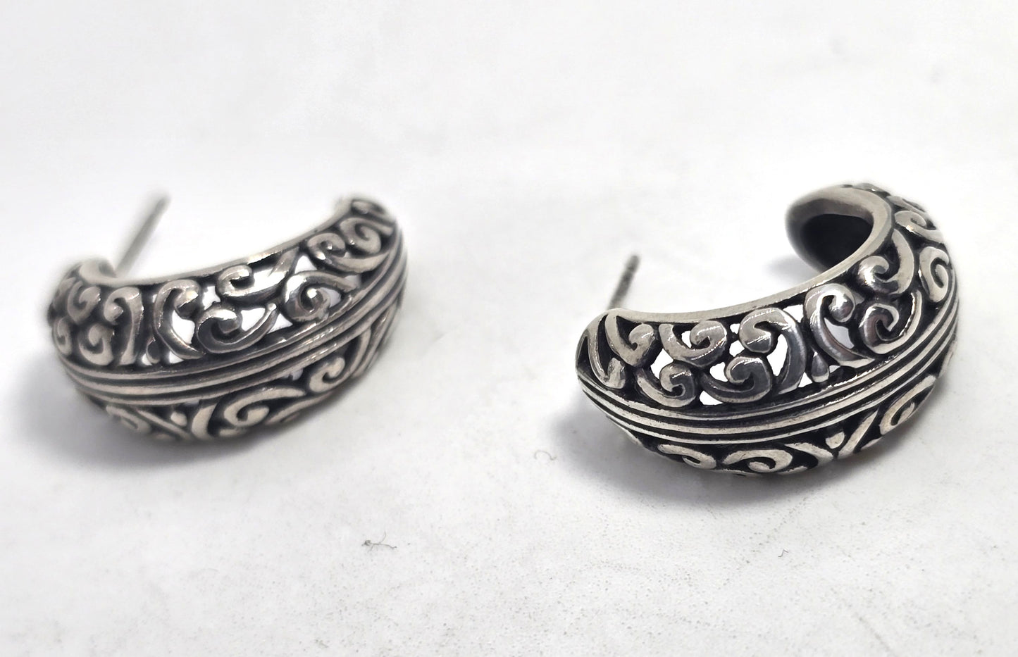 Balinese Tribal Open work filigree sterling silver post hoop earrings