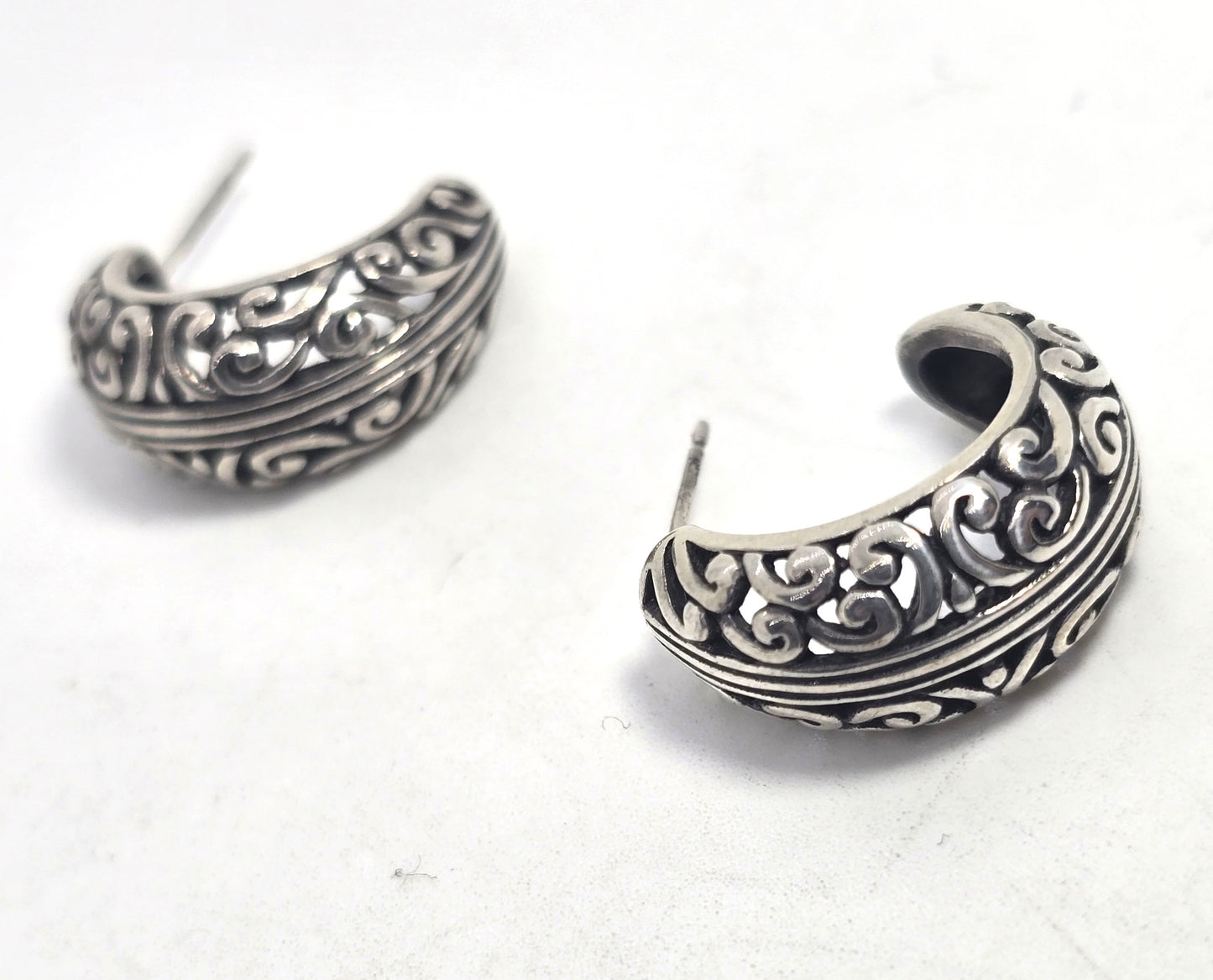 Balinese Tribal Open work filigree sterling silver post hoop earrings