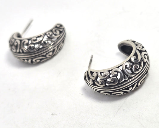 Balinese Tribal Open work filigree sterling silver post hoop earrings