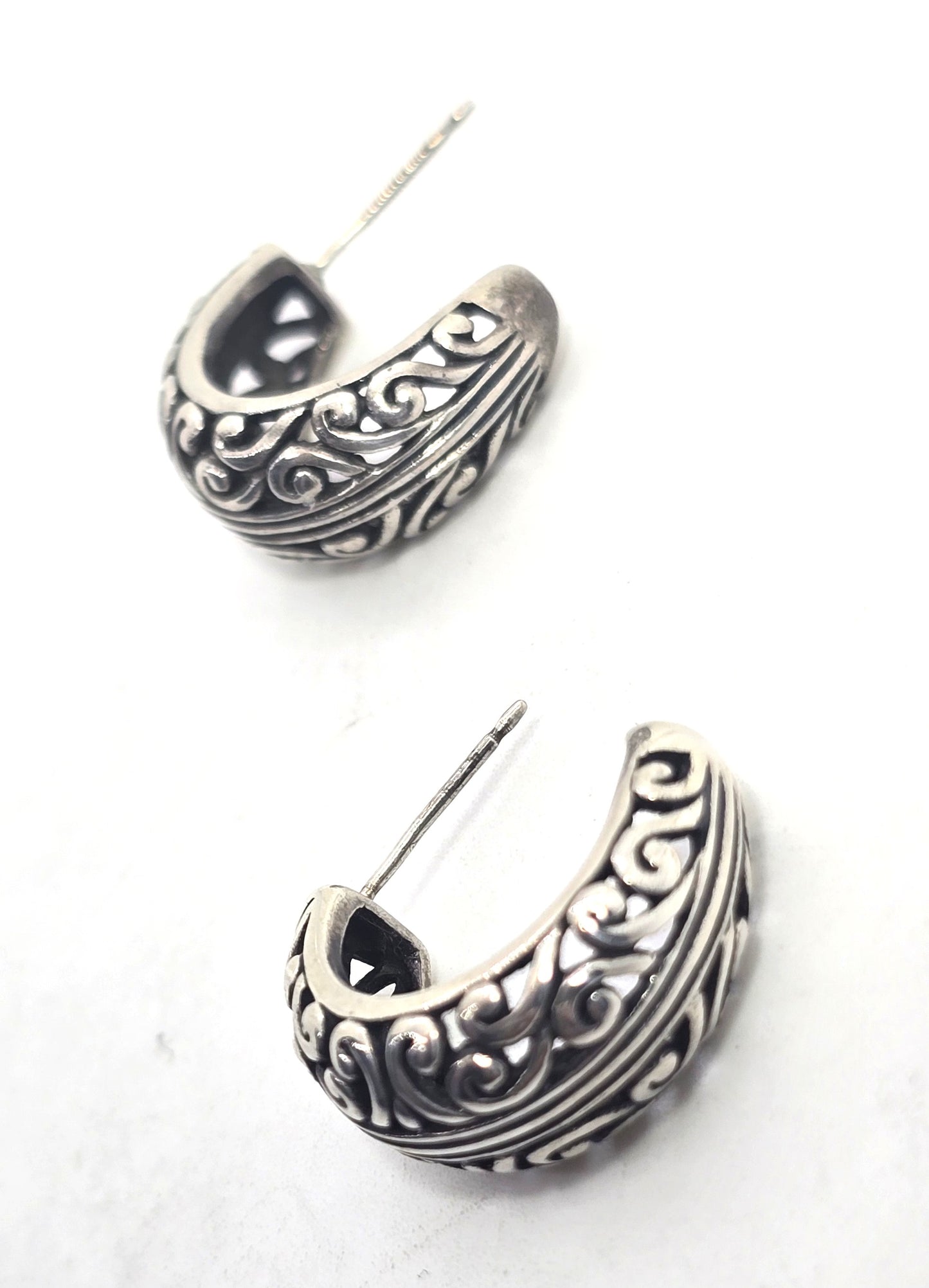 Balinese Tribal Open work filigree sterling silver post hoop earrings
