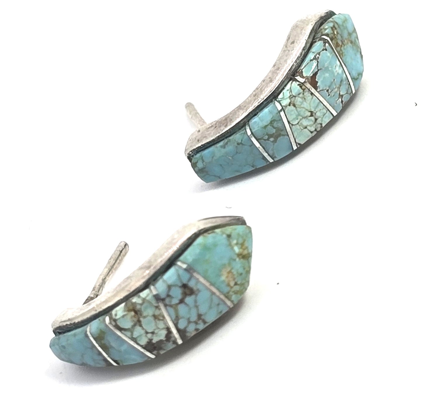 Turquoise multi gemstone inlay sterling silver half hoop post earrings