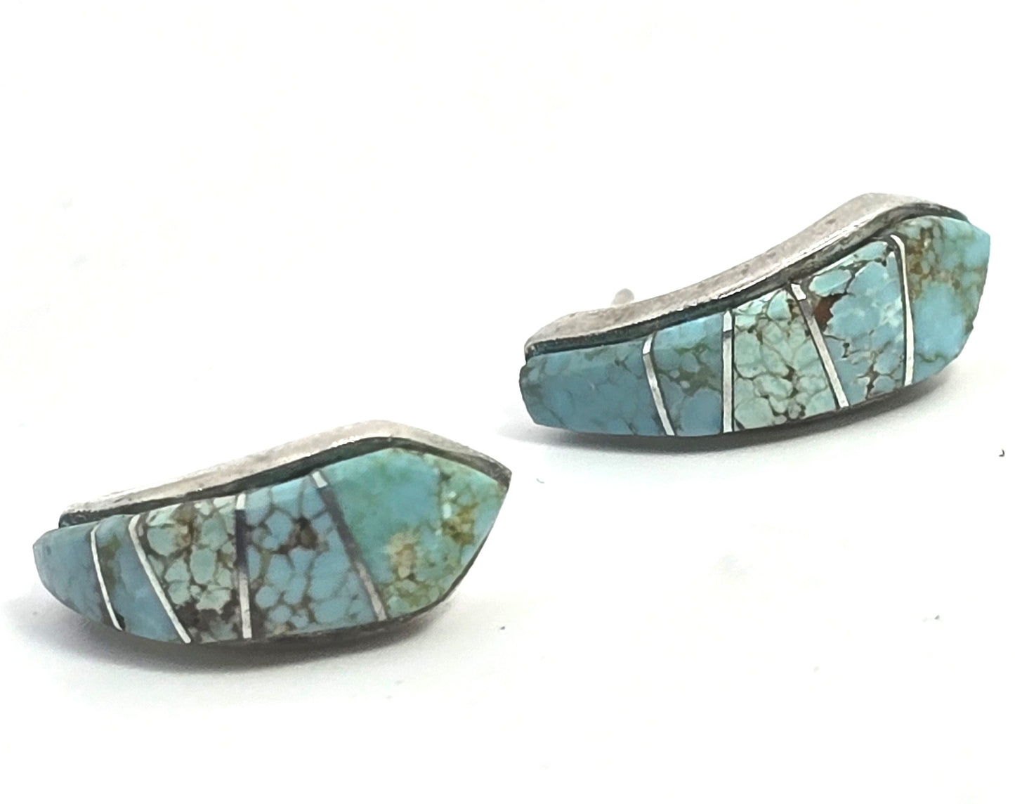 Turquoise multi gemstone inlay sterling silver half hoop post earrings