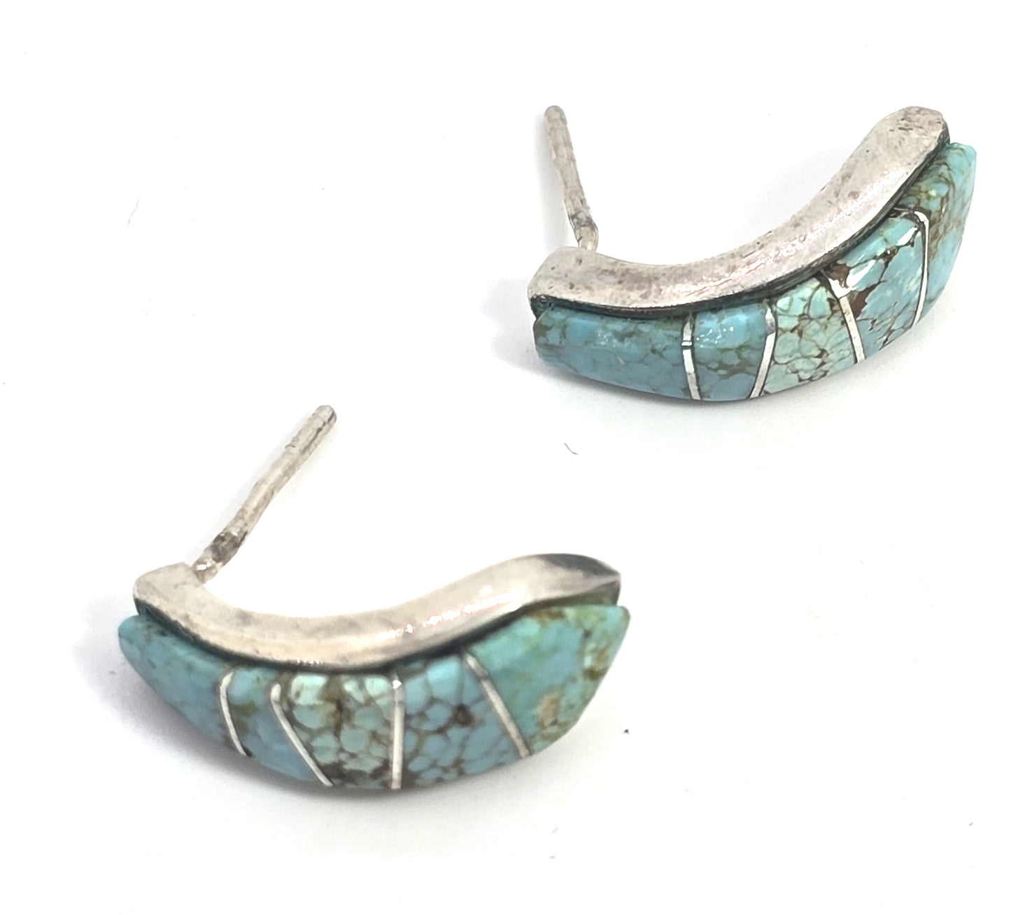Turquoise multi gemstone inlay sterling silver half hoop post earrings