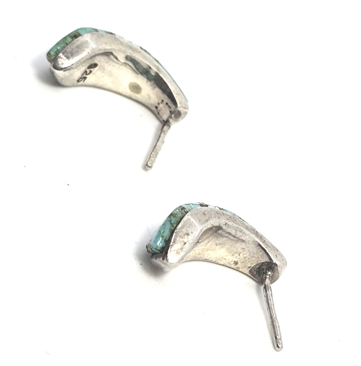 Turquoise multi gemstone inlay sterling silver half hoop post earrings