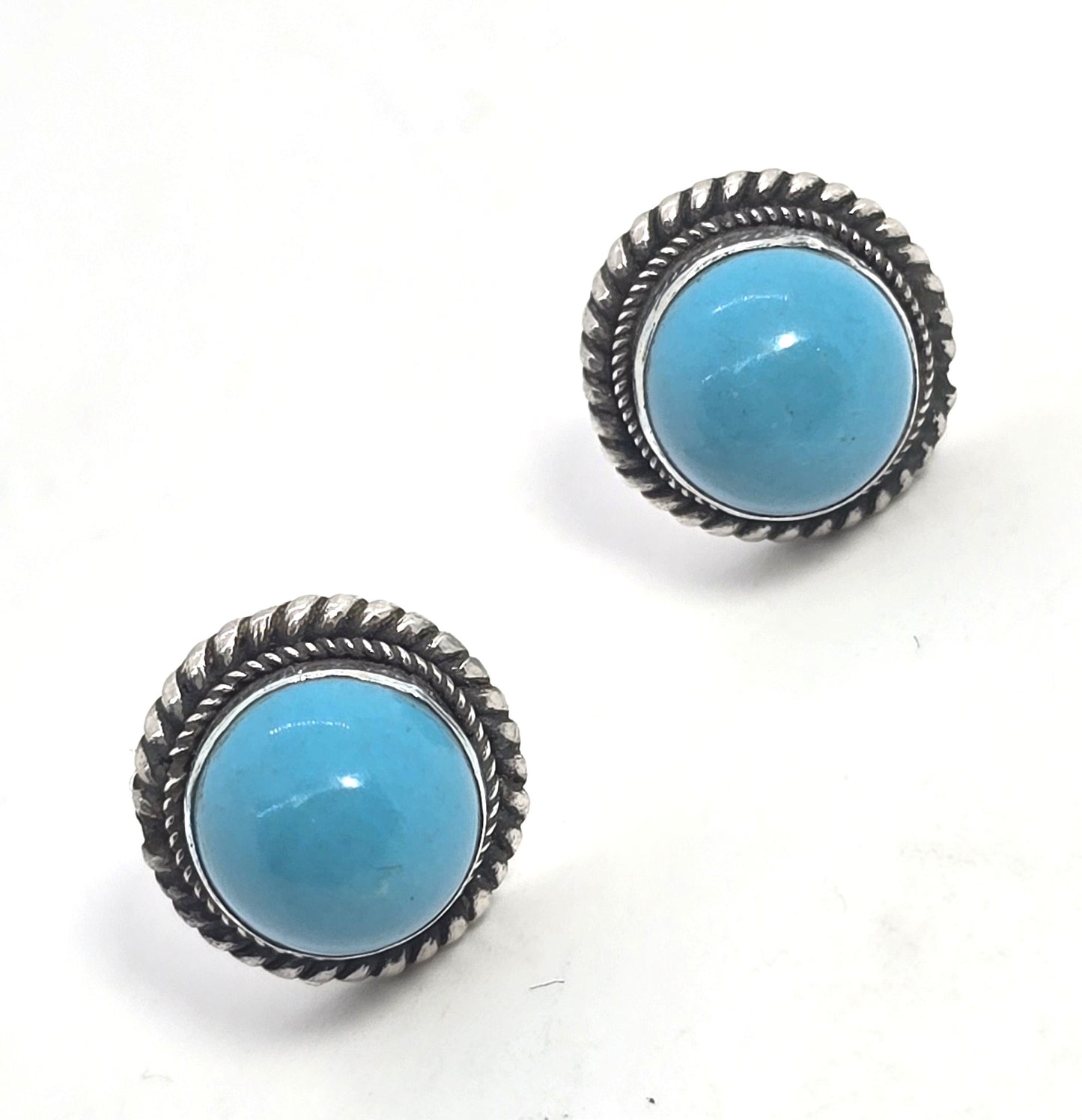 Turquoise gemstone thick bezel set twisted rope sterling silver vintage stud earrings