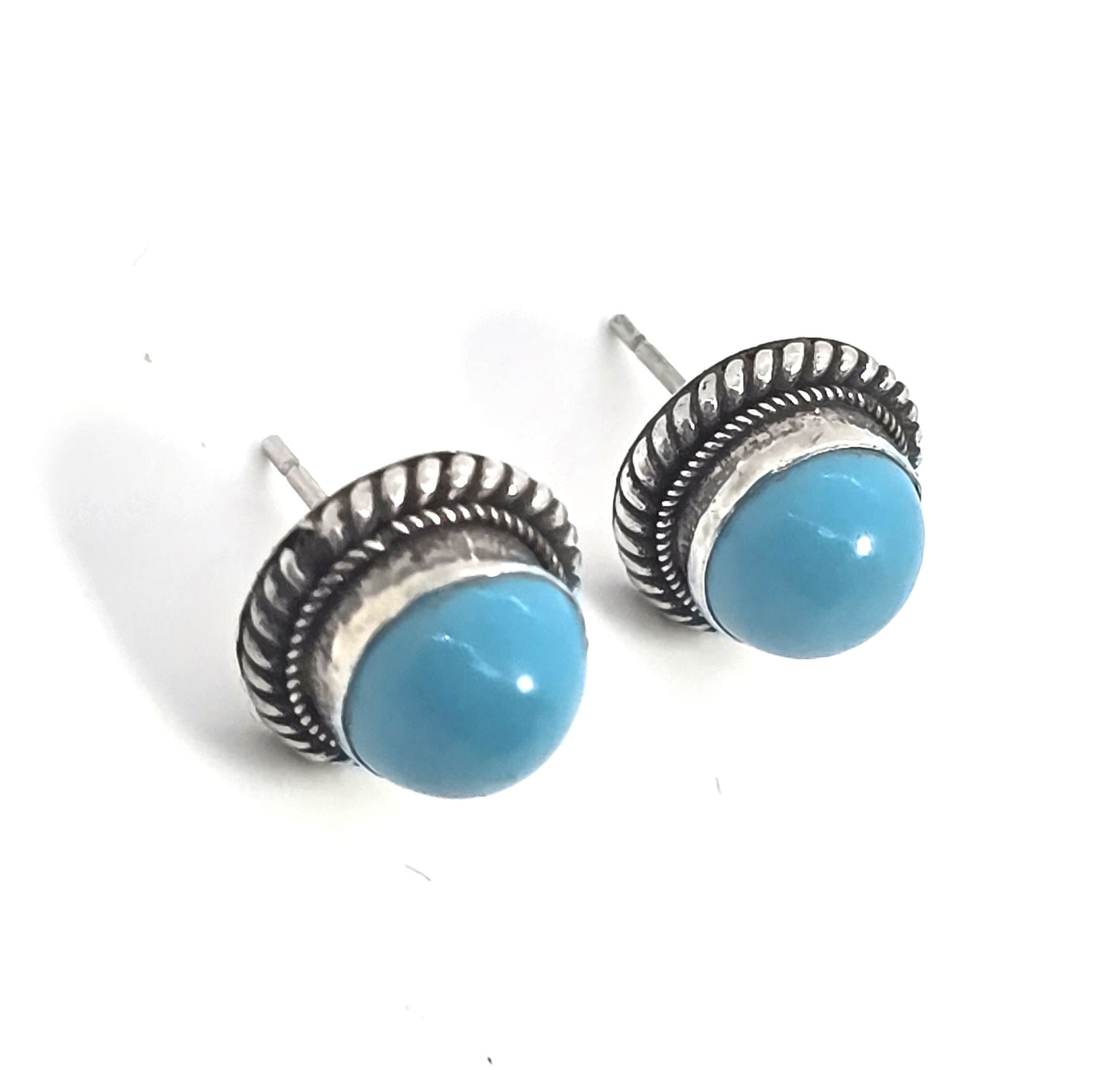 Turquoise gemstone thick bezel set twisted rope sterling silver vintage stud earrings
