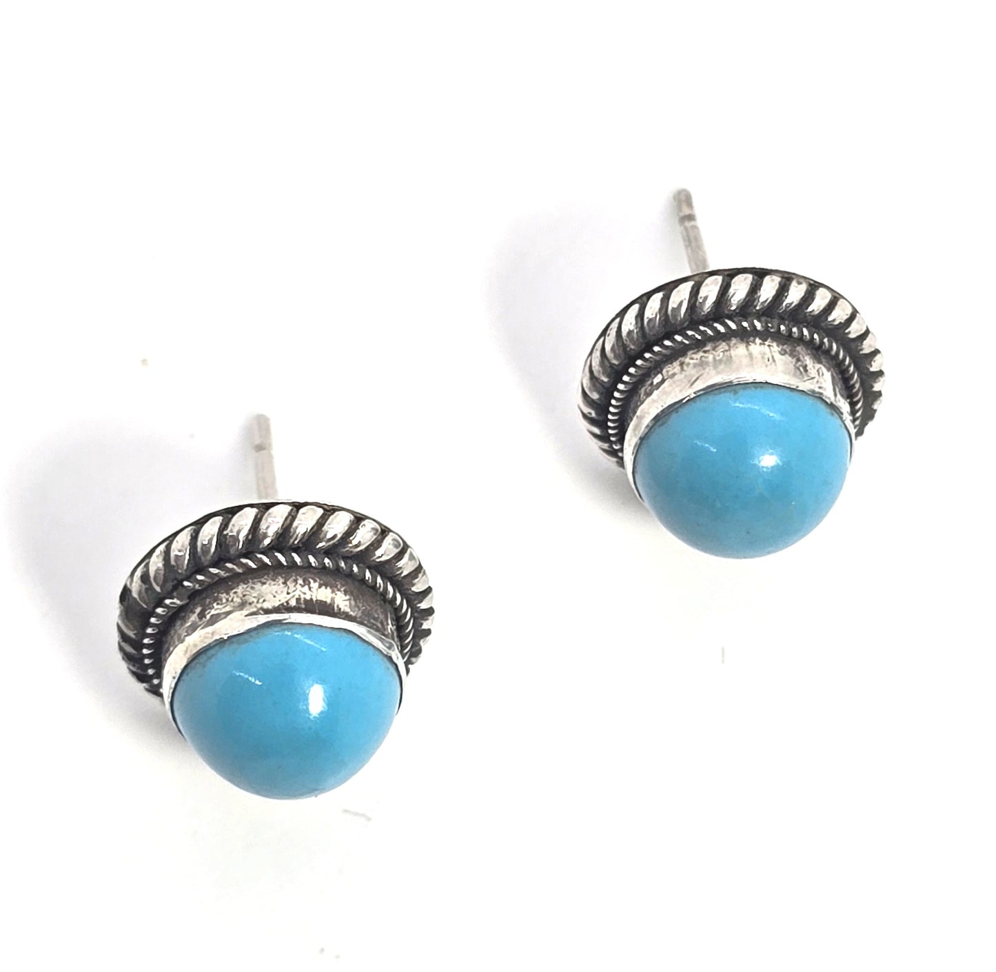 Turquoise gemstone thick bezel set twisted rope sterling silver vintage stud earrings