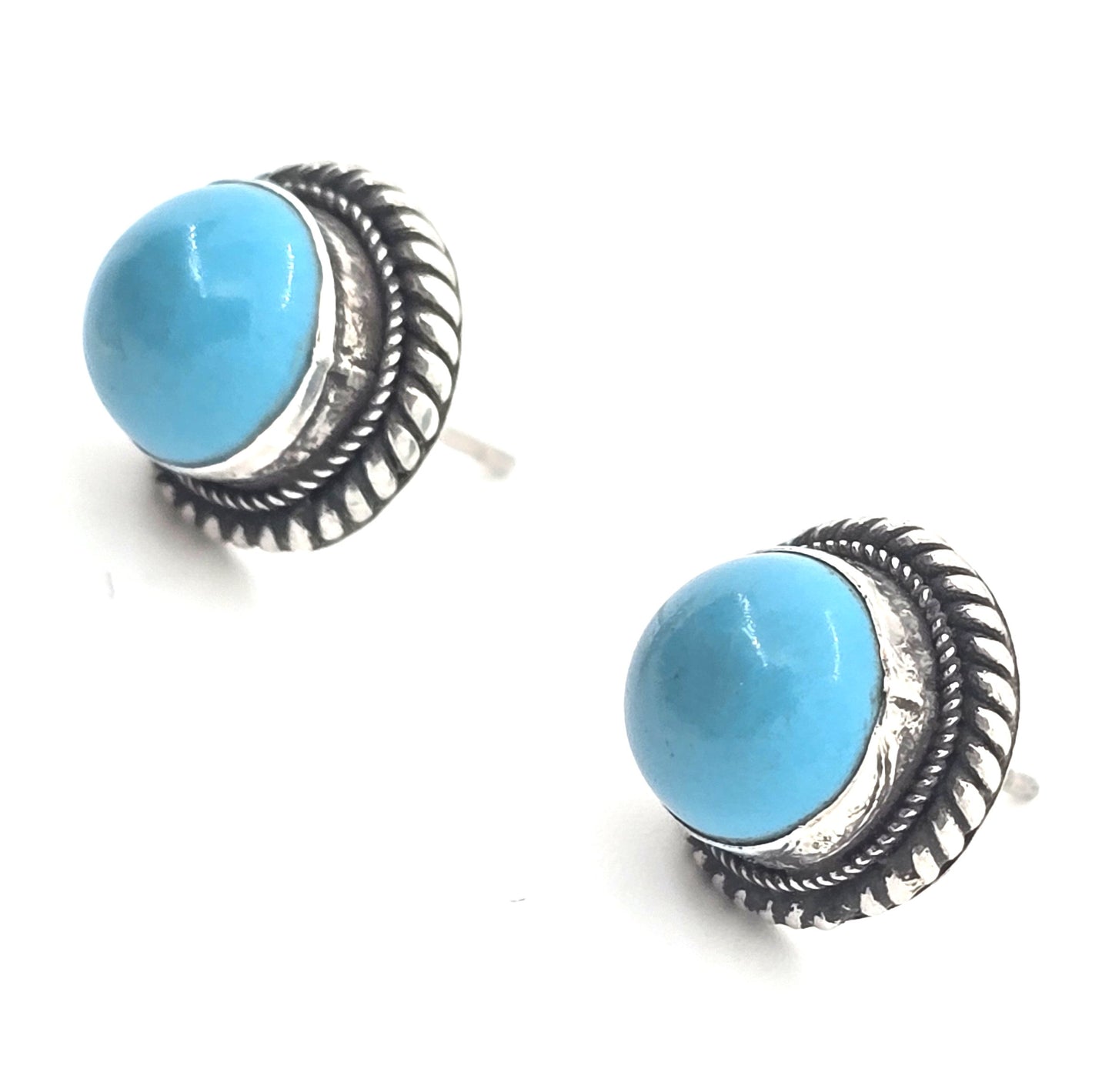 Turquoise gemstone thick bezel set twisted rope sterling silver vintage stud earrings