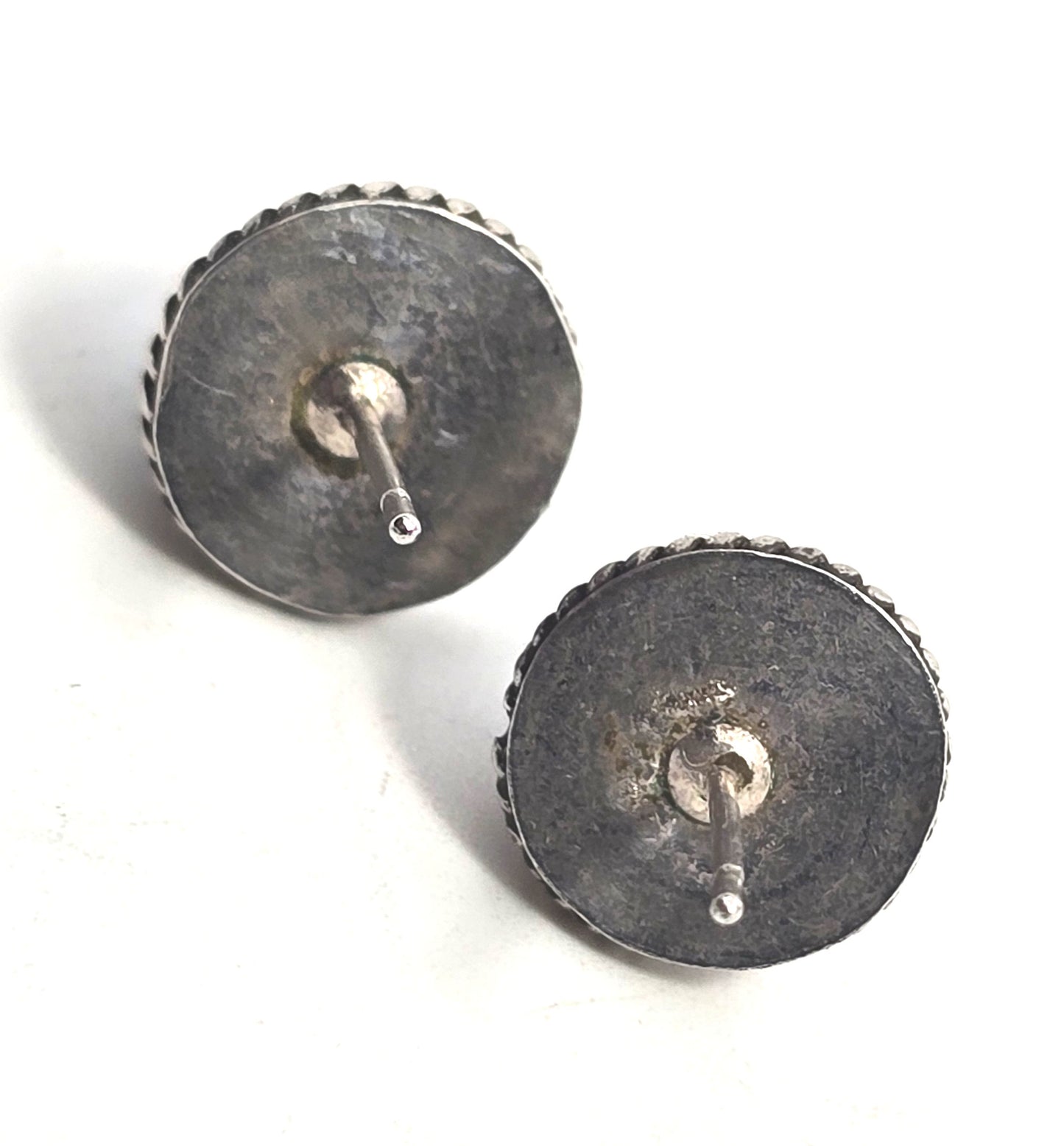 Turquoise gemstone thick bezel set twisted rope sterling silver vintage stud earrings