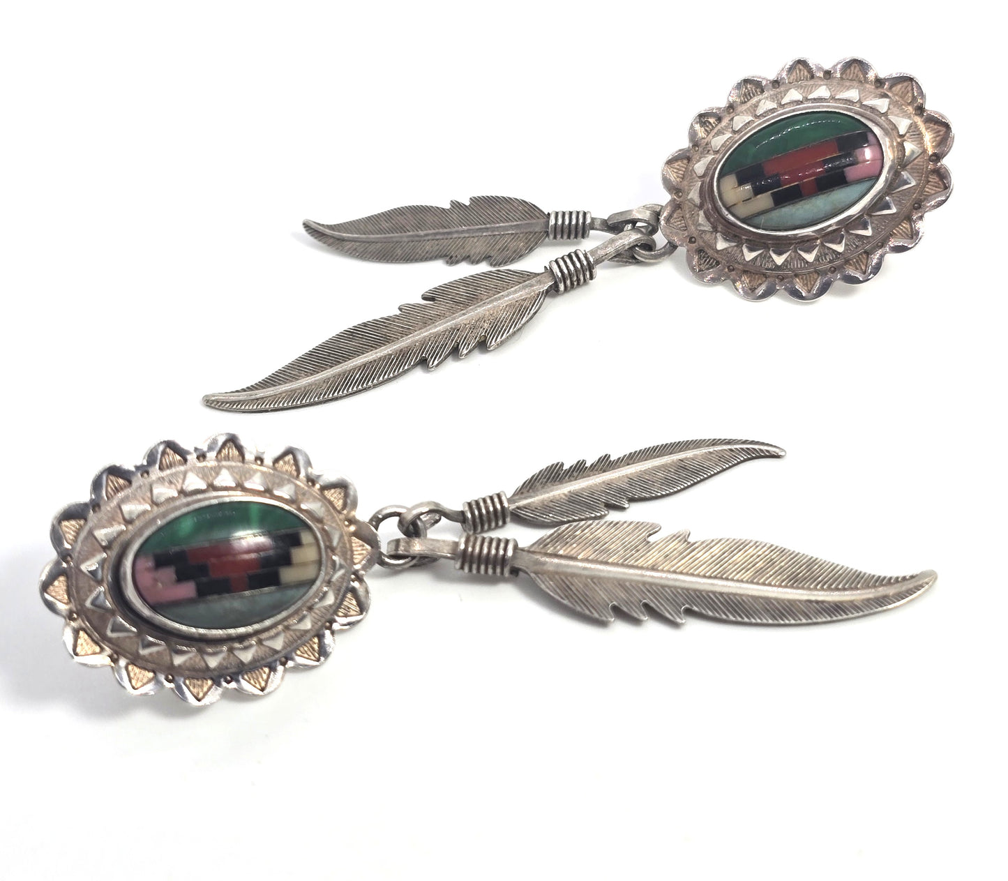 QT Quoc Turquoise gemstone inlay sterling silver vintage long feather earrings