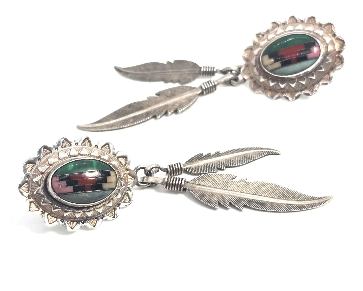 QT Quoc Turquoise gemstone inlay sterling silver vintage long feather earrings