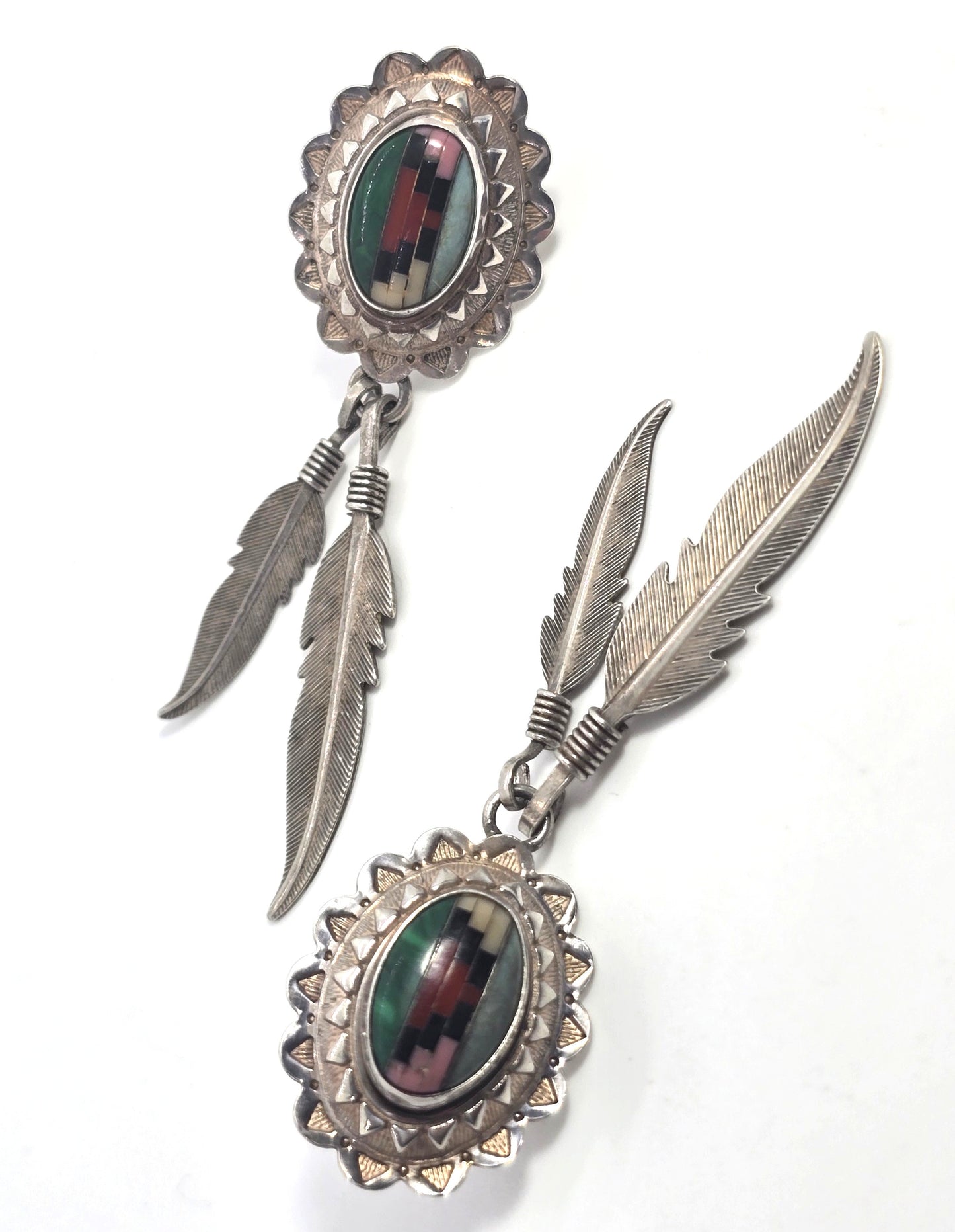 QT Quoc Turquoise gemstone inlay sterling silver vintage long feather earrings