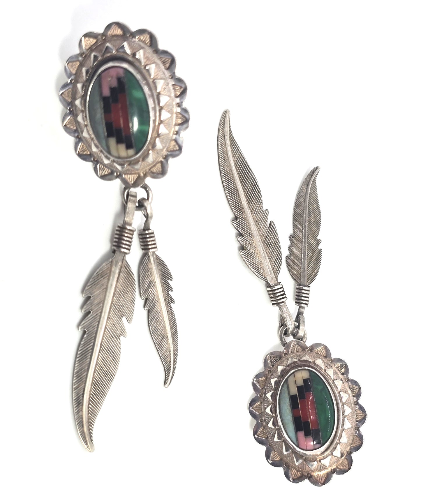 QT Quoc Turquoise gemstone inlay sterling silver vintage long feather earrings